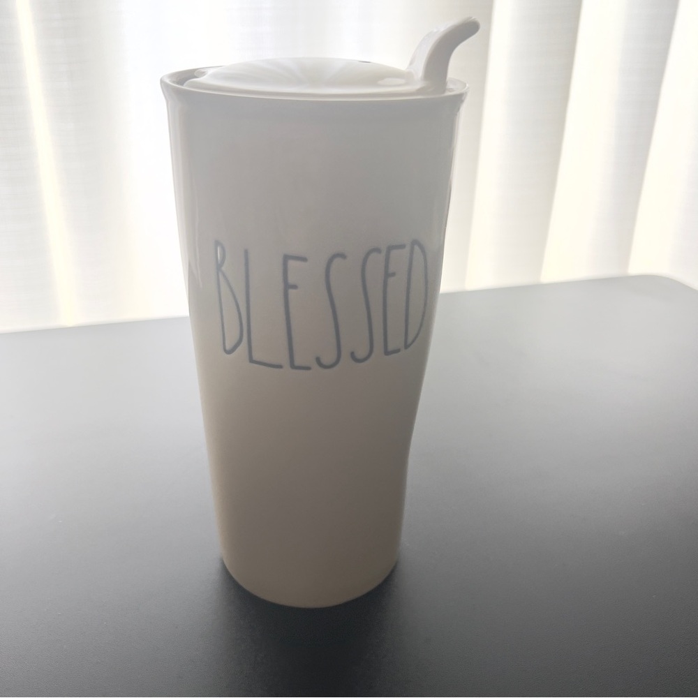 Rae Dunn Tall Lidded Glossy Thick Ceramic Blessed Mug with Lid